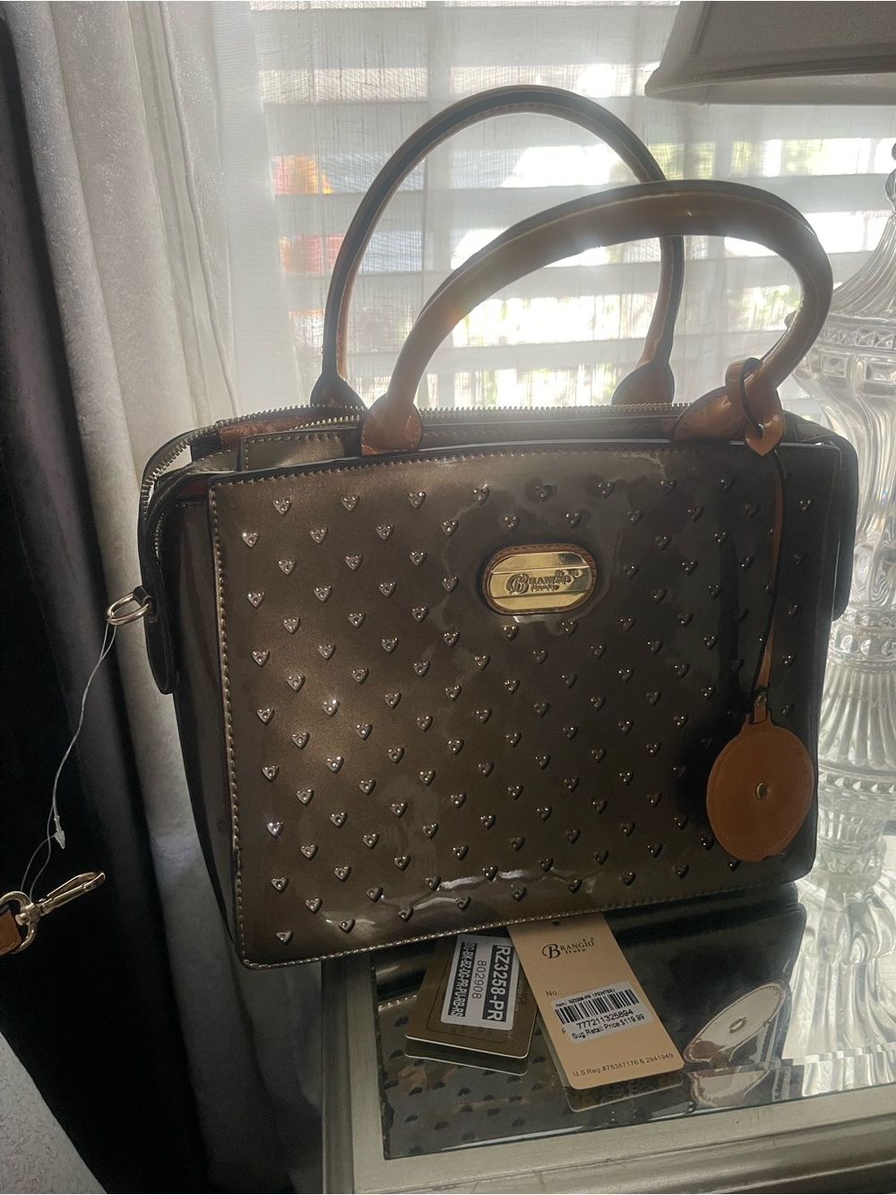 Brangio Italy Glossy Tan Satchel Handbag with Accents very Brighton style - Picture 8 of 8